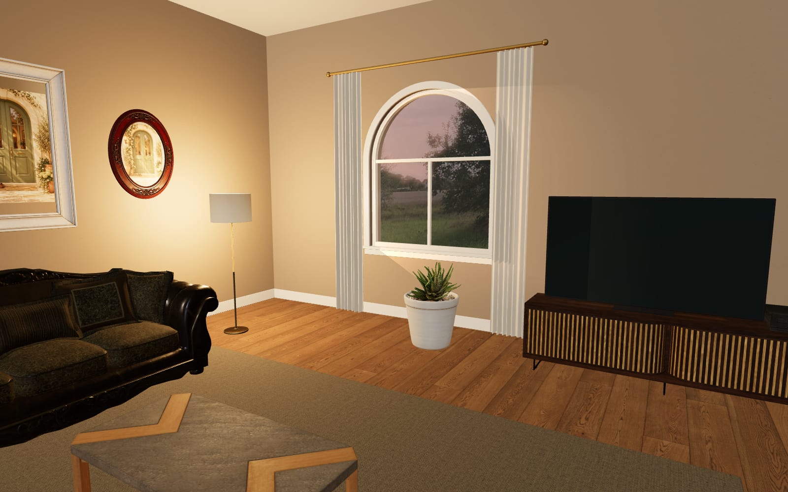 The shared living room in Cozy Apart, with a sofa, plant and television