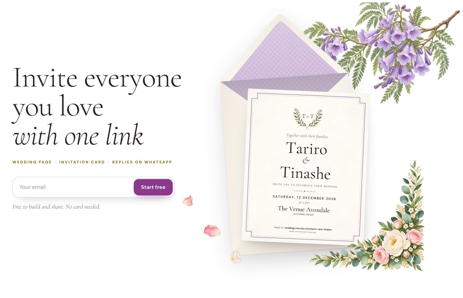 A wedding invitation card in an envelope, with painted jacaranda and roses, from Murudo Weddings’ homepage